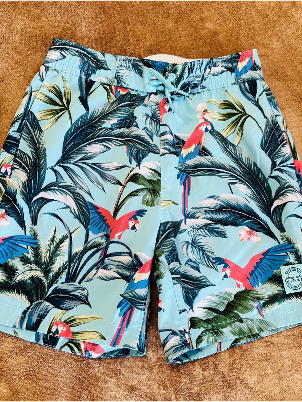 Abercrombie & Fitch Boy’s 9/10 Light Blue Tropical Parrot Swim Trunks Like new